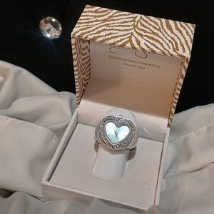 Jessica Simpson Silver Expansion Band Ring Watch Heart Ring with Crystal Accents